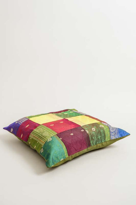 Housse de coussin patchwork sari, multicolore/dorée, 40x40cm