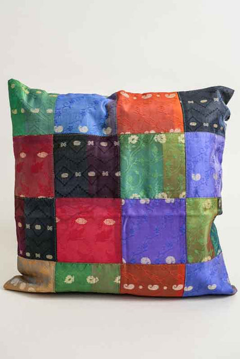 Housse de coussin patchwork sari, multicolore/dorée, 40x40cm