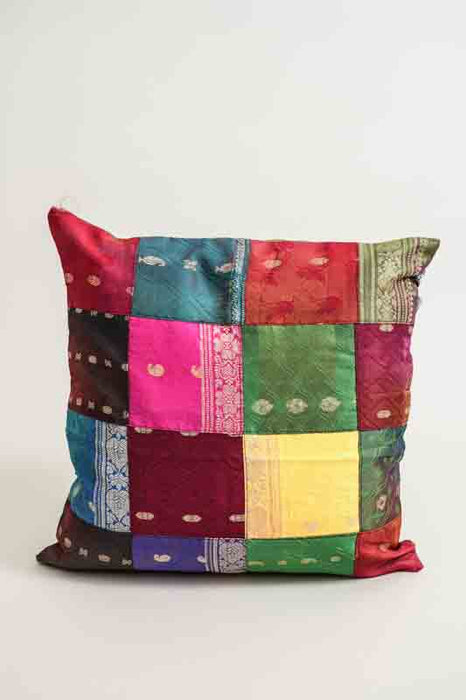 Housse de coussin patchwork sari, multicolore/dorée, 40x40cm