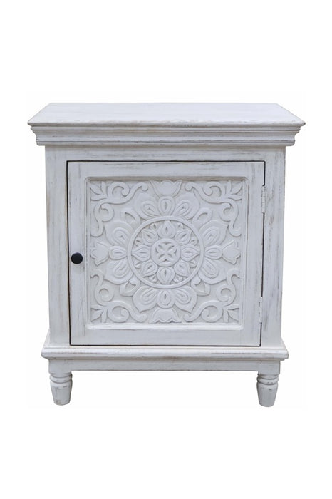 Table de chevet en bois de manguier avec 1 porte blanche Mandala 50x40x60cm
