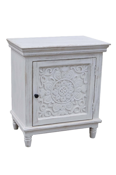 Table de chevet en bois de manguier avec 1 porte blanche Mandala 50x40x60cm