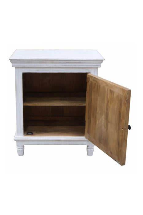 Table de chevet en bois de manguier avec 1 porte blanche Mandala 50x40x60cm