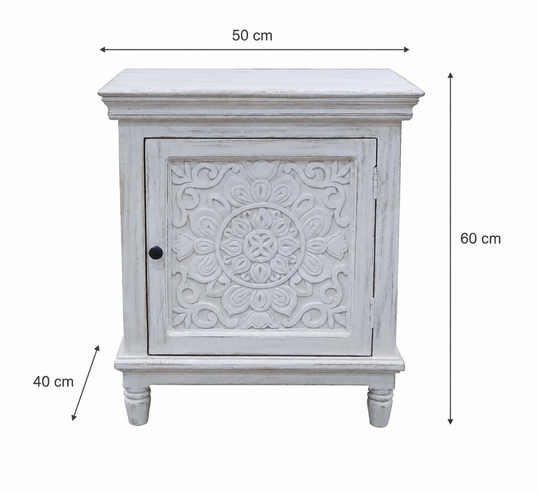 Table de chevet en bois de manguier avec 1 porte blanche Mandala 50x40x60cm