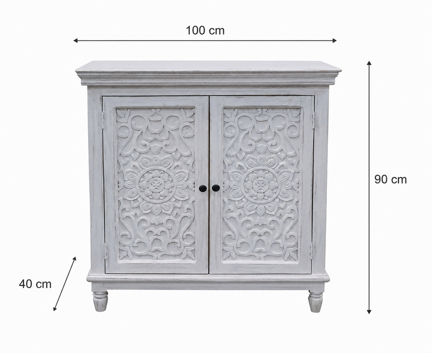 Sideboard Mangoholz mit 2 Türen weiss Mandala 100x40x90cm