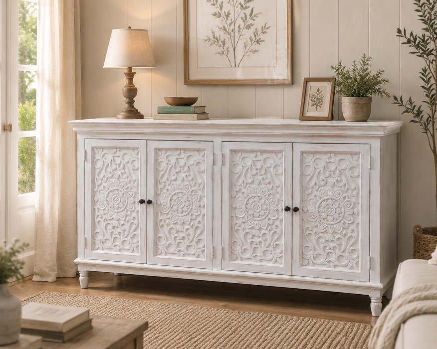 Sideboard Mangoholz mit 4 Türen weiss Mandala 160x40x90cm