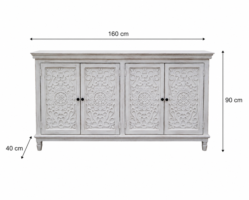 Sideboard Mangoholz mit 4 Türen weiss Mandala 160x40x90cm