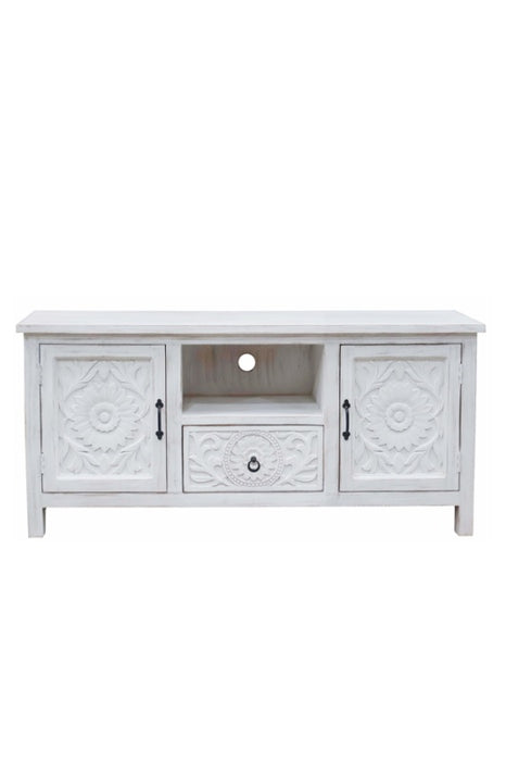 Meuble TV en manguier avec 2 portes, 1 tiroir, 1 compartiment ouvert blanc Mandala 152x40x71cm