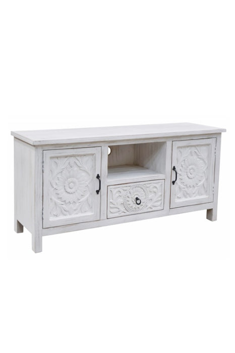 Meuble TV en manguier avec 2 portes, 1 tiroir, 1 compartiment ouvert blanc Mandala 152x40x71cm