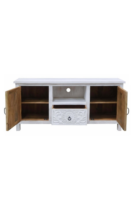 Meuble TV en manguier avec 2 portes, 1 tiroir, 1 compartiment ouvert blanc Mandala 152x40x71cm