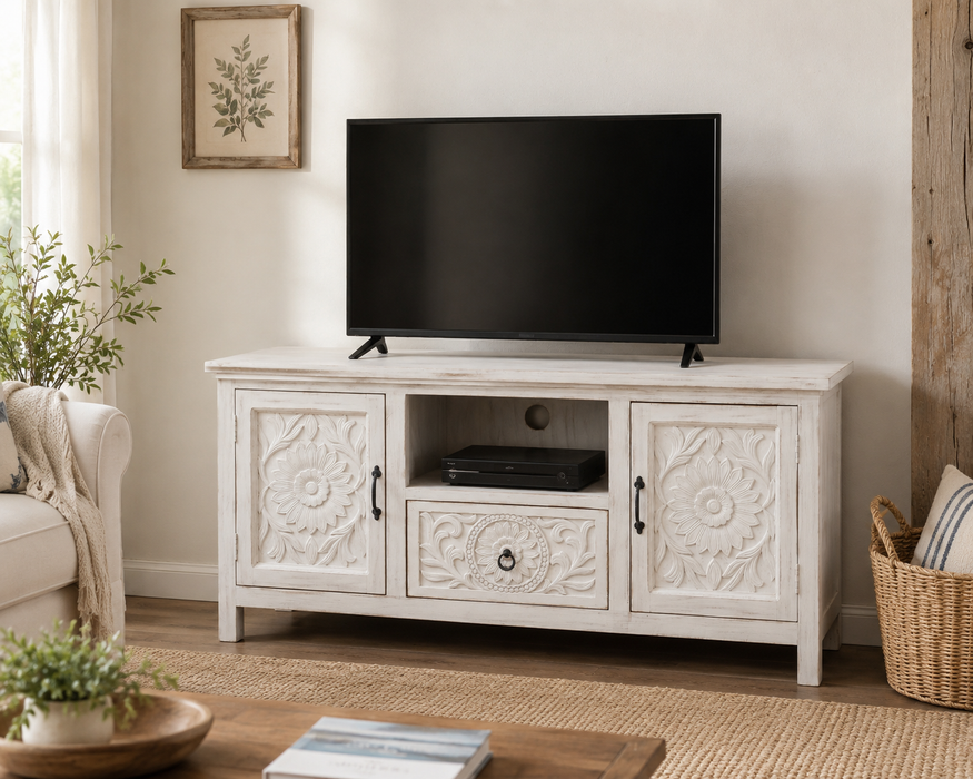 Meuble TV en manguier avec 2 portes, 1 tiroir, 1 compartiment ouvert blanc Mandala 152x40x71cm