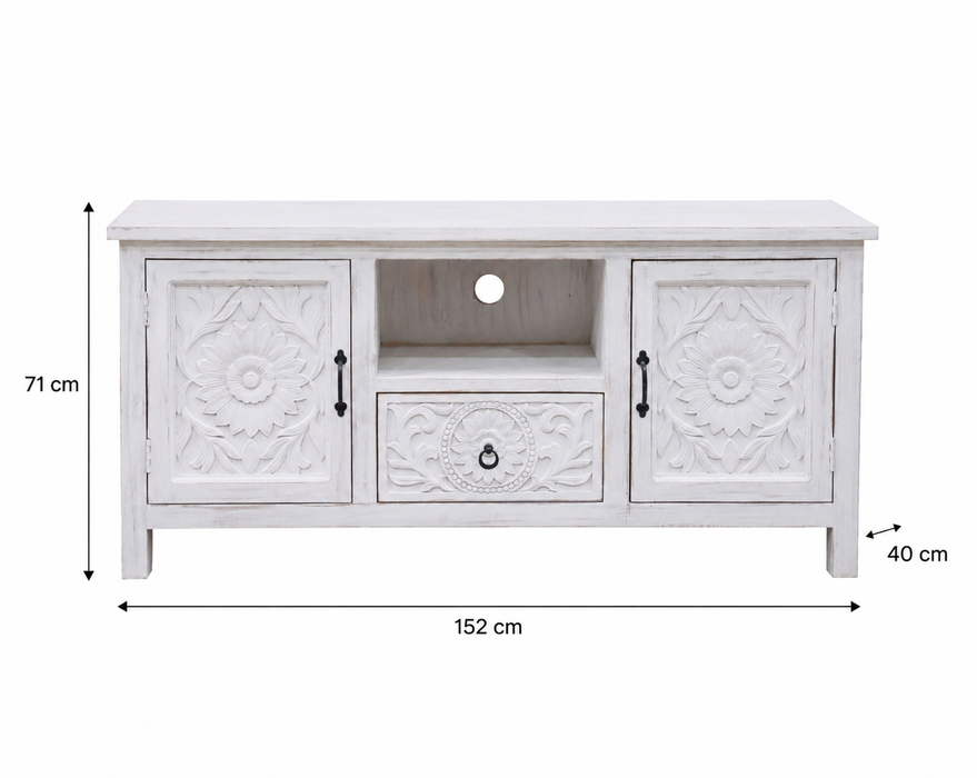 Meuble TV en manguier avec 2 portes, 1 tiroir, 1 compartiment ouvert blanc Mandala 152x40x71cm