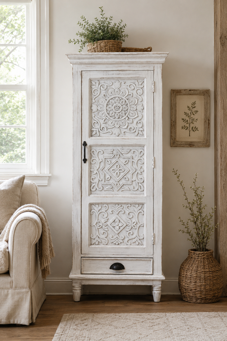 Commode Almirah en bois de manguier avec 1 porte et 1 tiroir blanc 60x40x150cm
