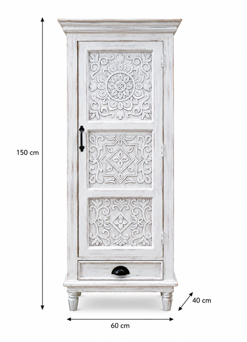 Commode Almirah en bois de manguier avec 1 porte et 1 tiroir blanc 60x40x150cm