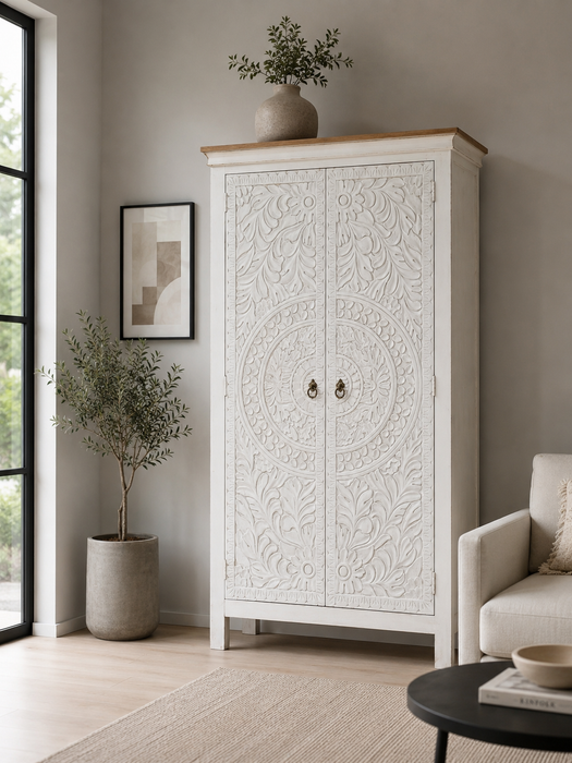 Armoire Almirah en bois de manguier avec 2 portes blanc Madala 100x42x178cm