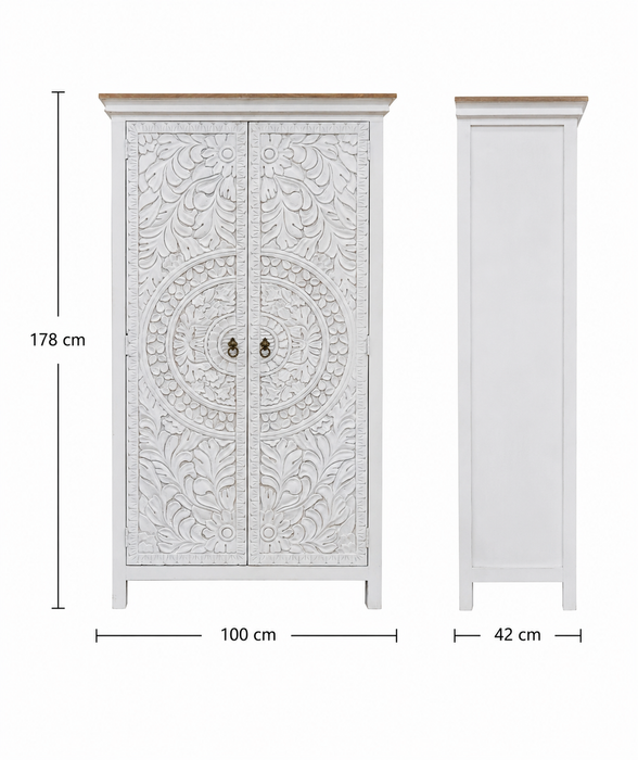 Armoire Almirah en bois de manguier avec 2 portes blanc Madala 100x42x178cm