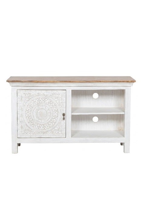 Commode en bois de manguier 1 porte, 2 étagères ouvertes blanc, plateau marron Mandala 120x40x70cm