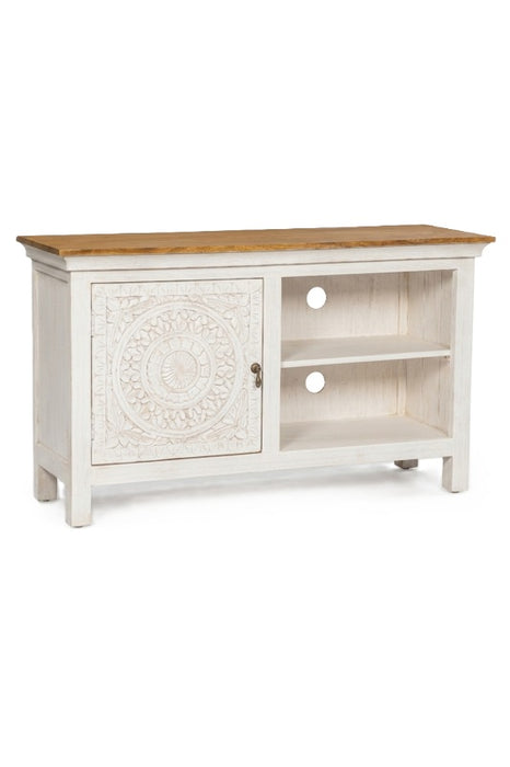 Commode en bois de manguier 1 porte, 2 étagères ouvertes blanc, plateau marron Mandala 120x40x70cm