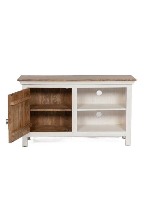 Commode en bois de manguier 1 porte, 2 étagères ouvertes blanc, plateau marron Mandala 120x40x70cm