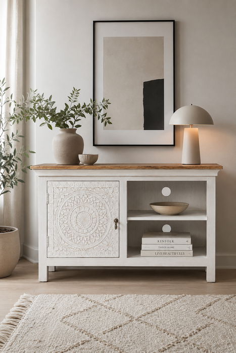 Commode en bois de manguier 1 porte, 2 étagères ouvertes blanc, plateau marron Mandala 120x40x70cm