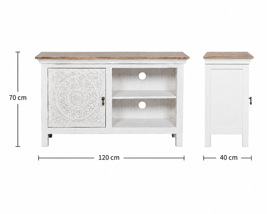 Commode en bois de manguier 1 porte, 2 étagères ouvertes blanc, plateau marron Mandala 120x40x70cm