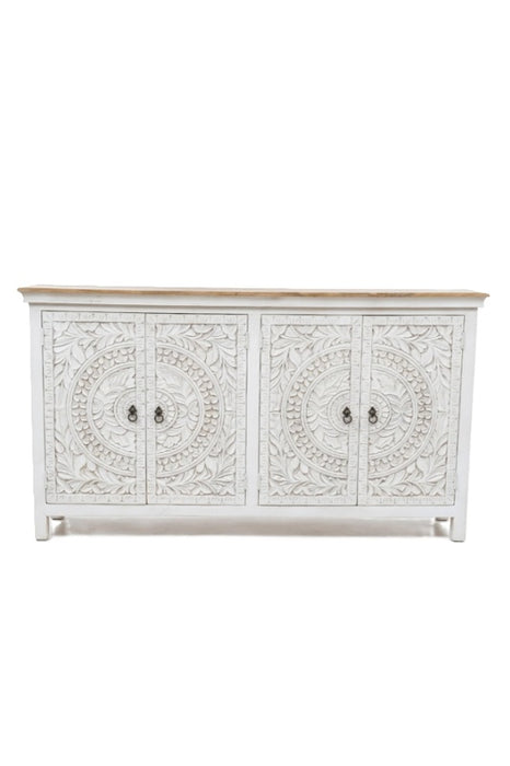 Sideboard Mangoholz mit 4 Türen weiss Mandala, braune Abdeckung180x40x100cm