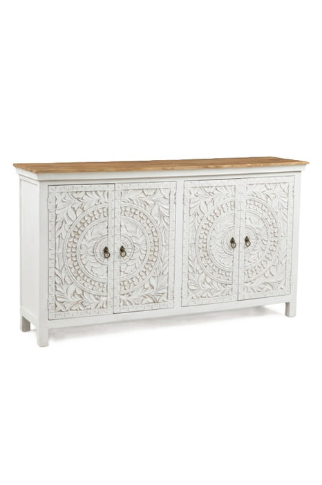 Sideboard Mangoholz mit 4 Türen weiss Mandala, braune Abdeckung180x40x100cm