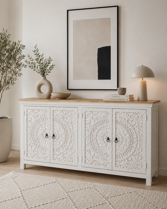 Sideboard Mangoholz mit 4 Türen weiss Mandala, braune Abdeckung180x40x100cm
