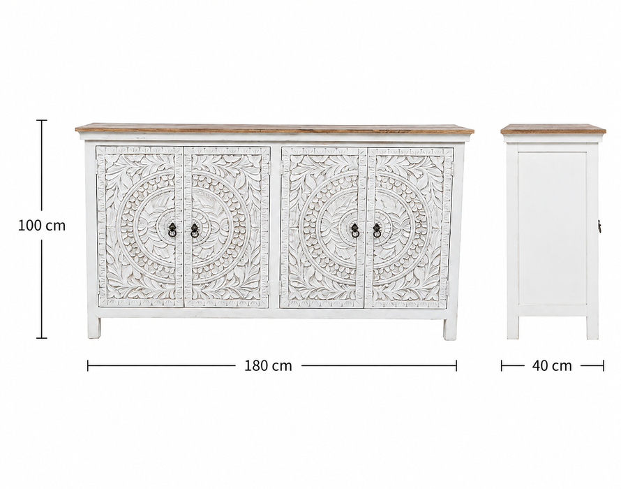 Sideboard Mangoholz mit 4 Türen weiss Mandala, braune Abdeckung180x40x100cm