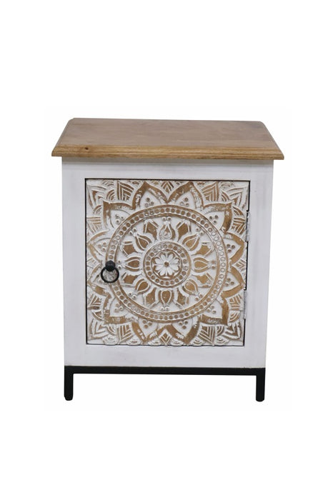Nachttisch Mangoholz/Metallfuss 1 Türe Mandala gold wash 50x40x61cm