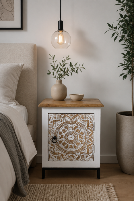 Nachttisch Mangoholz/Metallfuss 1 Türe Mandala gold wash 50x40x61cm
