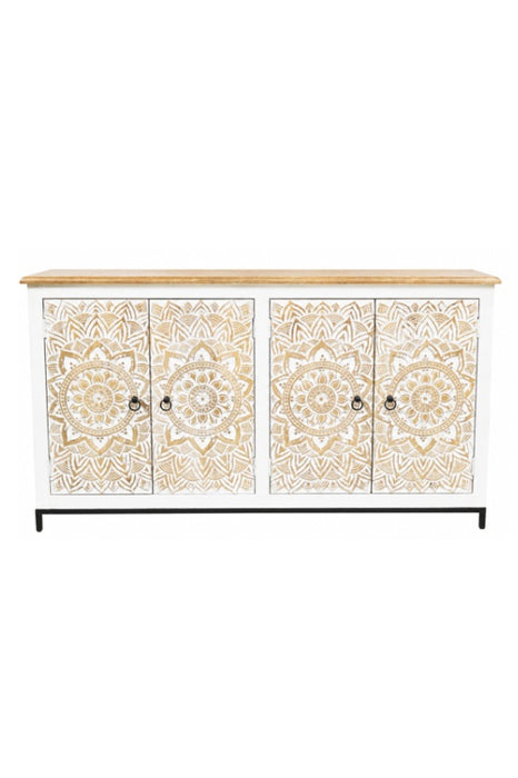 Buffet manguier/pieds métal 4 portes Mandala gold wash 162x40x92cm