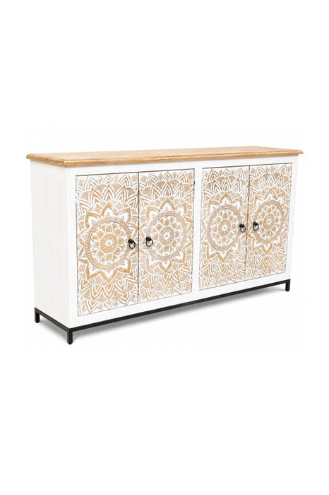 Buffet manguier/pieds métal 4 portes Mandala gold wash 162x40x92cm