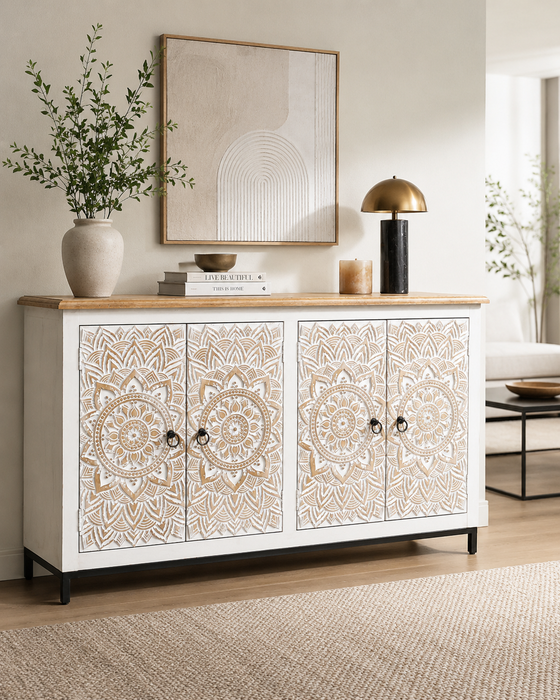 Buffet manguier/pieds métal 4 portes Mandala gold wash 162x40x92cm