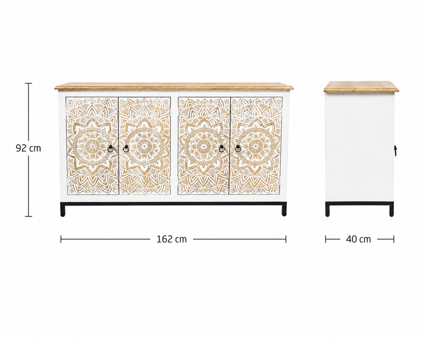 Buffet manguier/pieds métal 4 portes Mandala gold wash 162x40x92cm