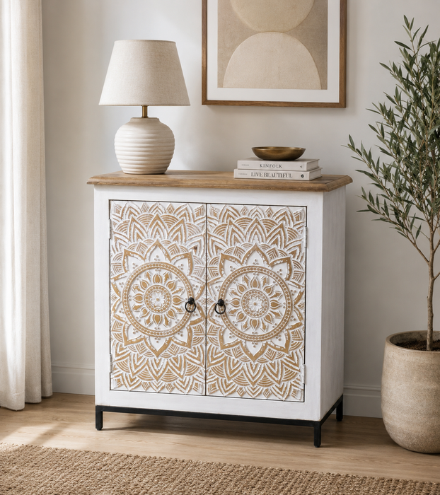 Sideboard Mangoholz/Metallfuss 2 Türen Mandala gold wash  86x40x91cm