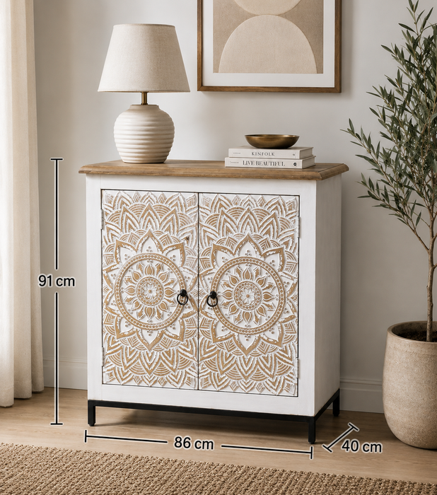 Sideboard Mangoholz/Metallfuss 2 Türen Mandala gold wash  86x40x91cm
