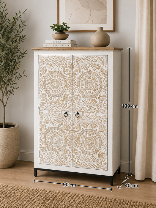 Armoire Almirah manguier/piètement métal 2 portes Mandala or wash 90x40x139cm