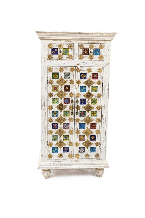 Chest of Drawers Almirah Mango Wood 2 Doors, 2 Drawers white/multicolor 62x35x120cm