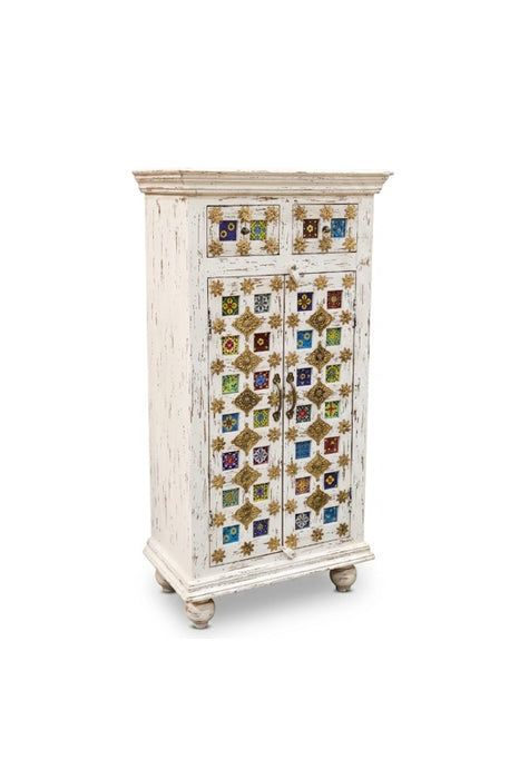Chest of Drawers Almirah Mango Wood 2 Doors, 2 Drawers white/multicolor 62x35x120cm