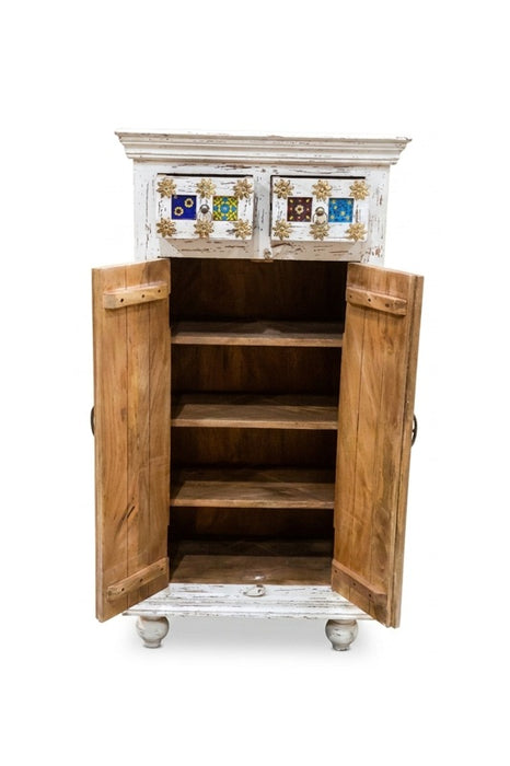 Chest of Drawers Almirah Mango Wood 2 Doors, 2 Drawers white/multicolor 62x35x120cm