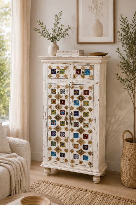 Chest of Drawers Almirah Mango Wood 2 Doors, 2 Drawers white/multicolor 62x35x120cm