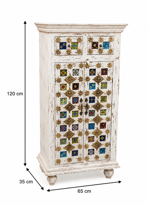 Chest of Drawers Almirah Mango Wood 2 Doors, 2 Drawers white/multicolor 62x35x120cm