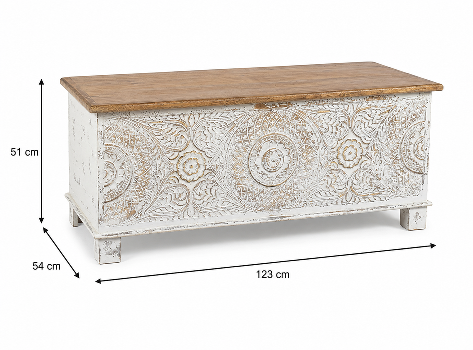 Coffre en manguier blanchi avec couvercle marron 123x54x51cm