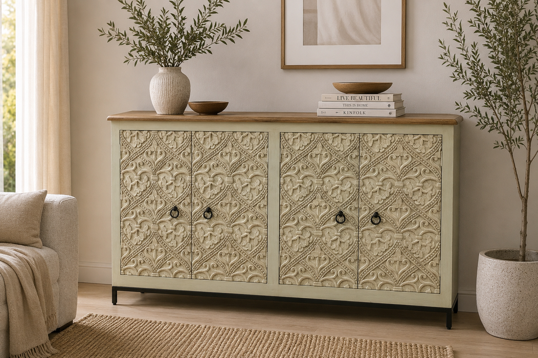 Sideboard Mangoholz/Metallfuss 4 Türen royale Schnitzereien beige 168x40x90cm