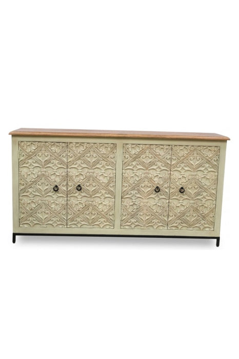 Sideboard Mangoholz/Metallfuss 4 Türen royale Schnitzereien beige 168x40x90cm