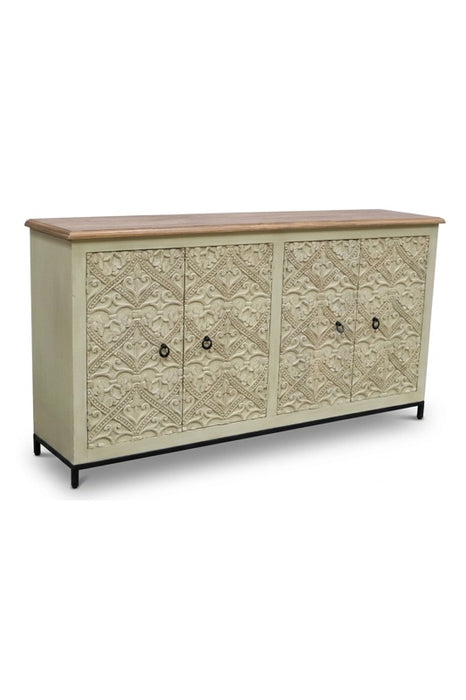 Sideboard Mangoholz/Metallfuss 4 Türen royale Schnitzereien beige 168x40x90cm