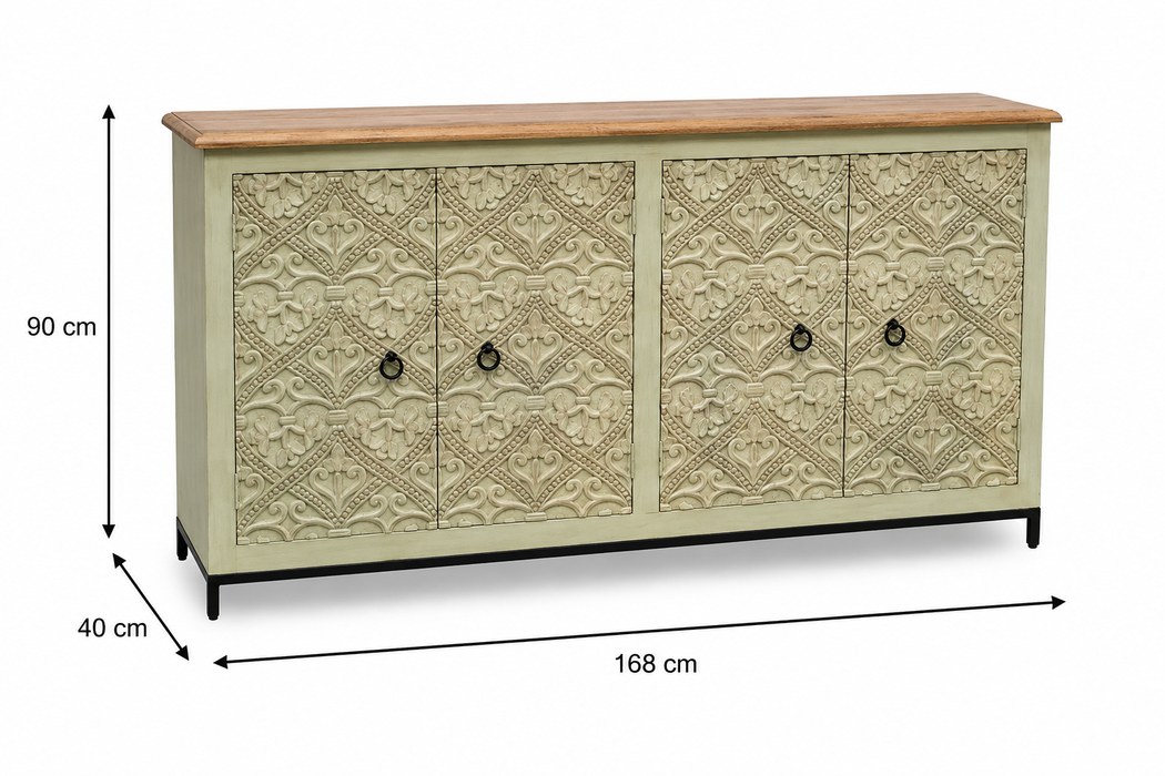 Sideboard Mangoholz/Metallfuss 4 Türen royale Schnitzereien beige 168x40x90cm