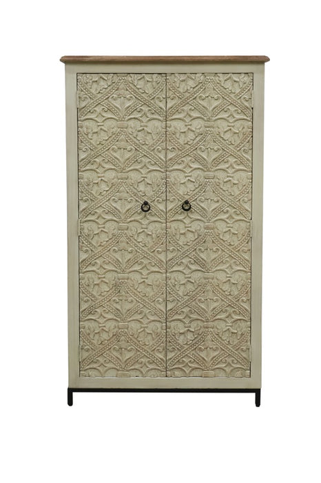 Schrank Almirah Mangoholz/Metallfuss  2 Türen royale Schnitzereien beige  90x40x160cm
