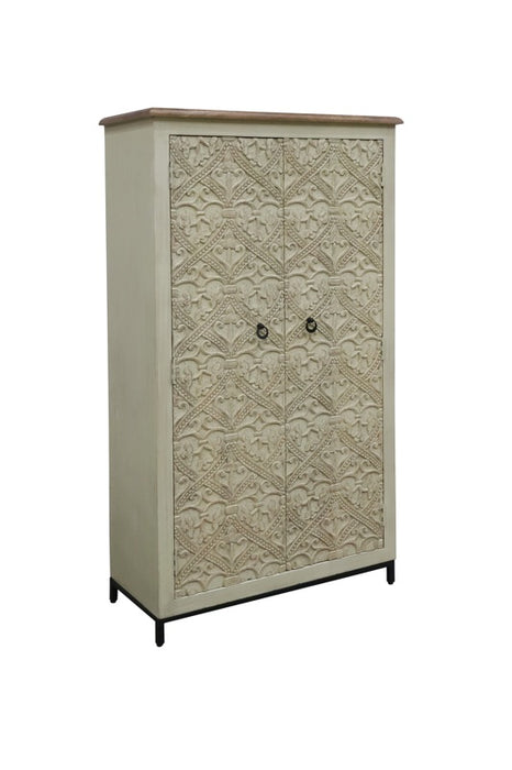 Schrank Almirah Mangoholz/Metallfuss  2 Türen royale Schnitzereien beige  90x40x160cm