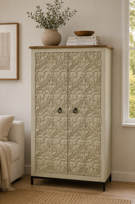 Schrank Almirah Mangoholz/Metallfuss  2 Türen royale Schnitzereien beige  90x40x160cm